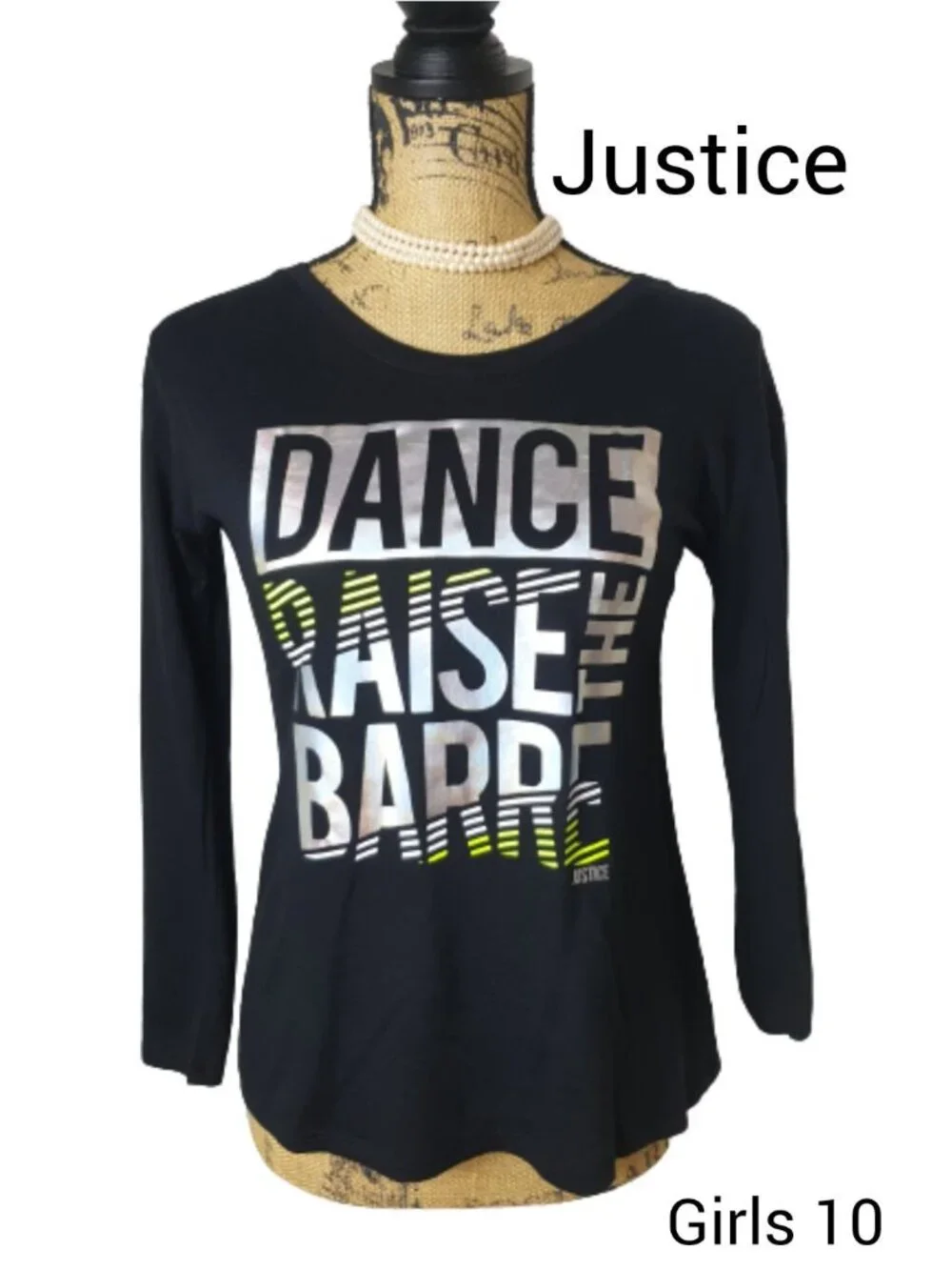 Justice Girls 10 Long Slv Top Black Dance Raise The Barre Silver Strappy Back